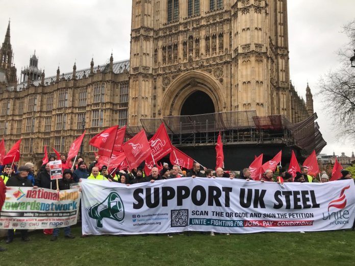 Port Talbot steel workers lobbying parliament. Photo: Oscar Parry