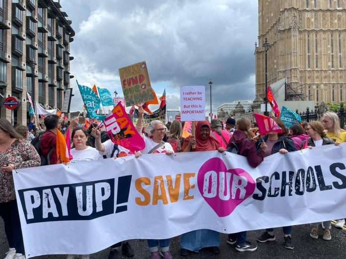 NEU members striking in July 2023. Photo: Paula Mitchell