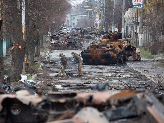 Bucha main street showing desvastation of Ukraine War. Photo: Oleksandr Ratushniak/CC