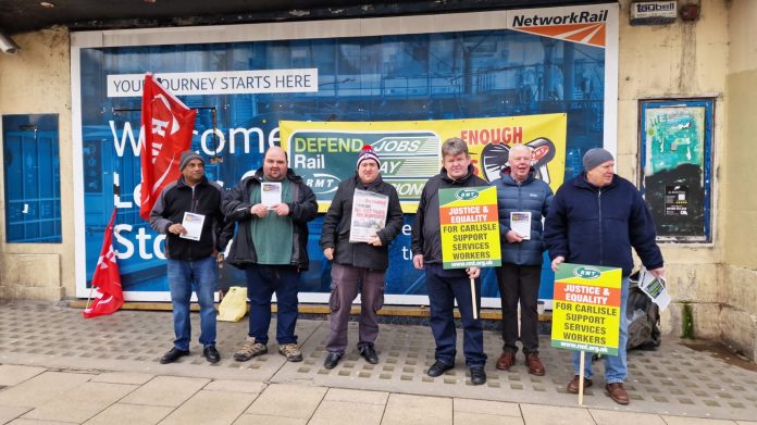 Carlisle Support Services RMT picket in Leeds. Photo: Leeds SP
