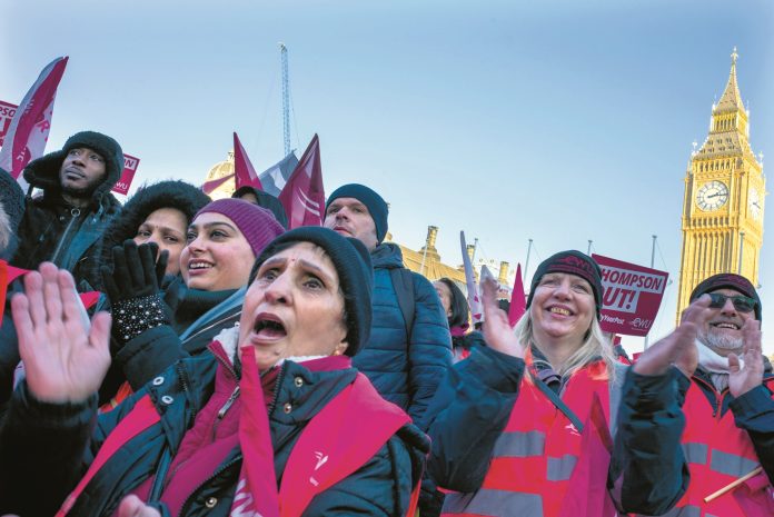 Trade unionists protesting outside Parliament. Photo: Paul Mattsson