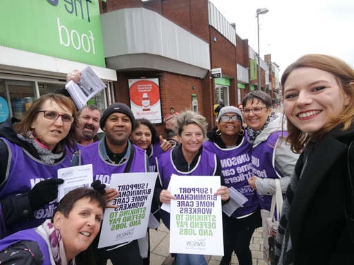 Corinthia campaigning with homecare workers striking against council cuts in 2018. Photo: Brum SP