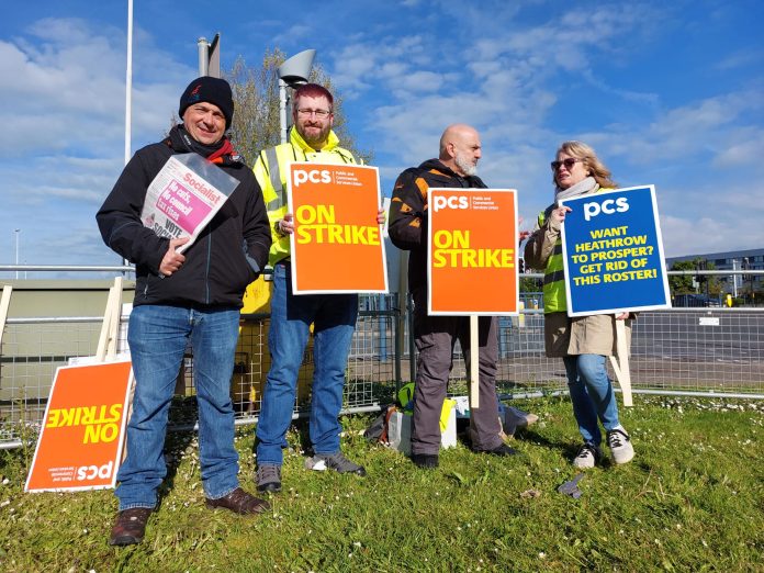 PCS members working for Border Force on strike at Heathrow Airport. Photo: Socialist Party