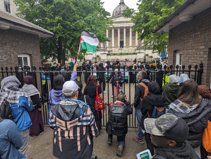 UCL protest across the gates. Photo: James Ivens