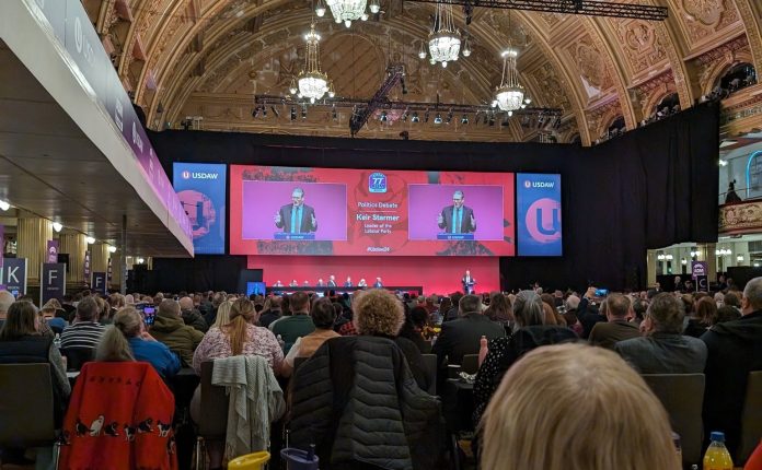 Starmer speaking at Usdaw ADM. Photo: Ryan Aldred