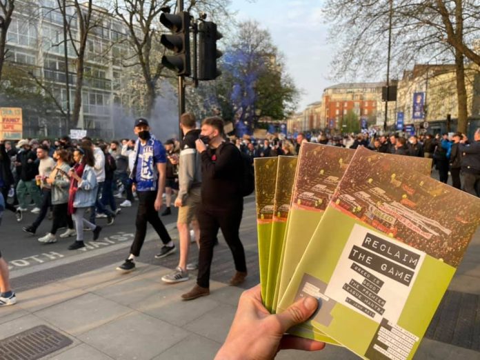 Reclaim the Game sold at a protest against the Super League. Photo: Lenny Shail