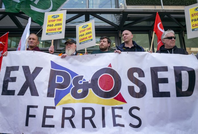 RMT protest against P&O firing and rehiring workers in 2022. Photo: Paul Mattsson