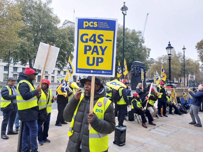 Outsourced workers striking at the Cabinet Office. Photo: ROb Williams