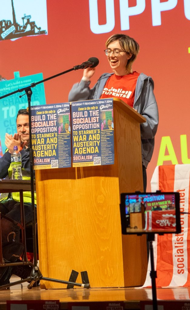 Cas MIddlemas Funding not Fees activist speaking at Socialism 2024. Photo: Jasper Chaplin