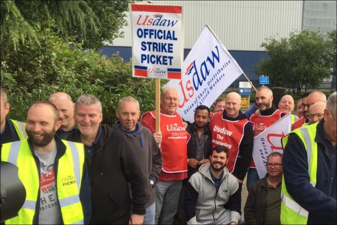 26078 Sainsbury's warehouse workers on strike in 2019 against changes to sickness policy. Photo: Usdaw Activist
