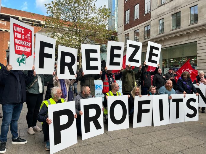 Freeze profits Unite the union protesting against Labour cut to pensioners' Winter Fuel Payments. Photo: Iain Dalton