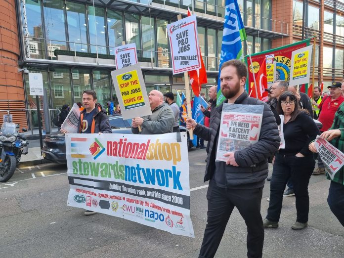 London protest 21 March photo Isai Priya Protests against P&O in 2022 following bosses’ firing and rehiring, which caused Haigh to dub it a “rogue employer” Photo: Isai Marijerla