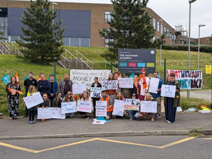 'Show us the money' - NEU members on the picket line in Hastings. James front row centre