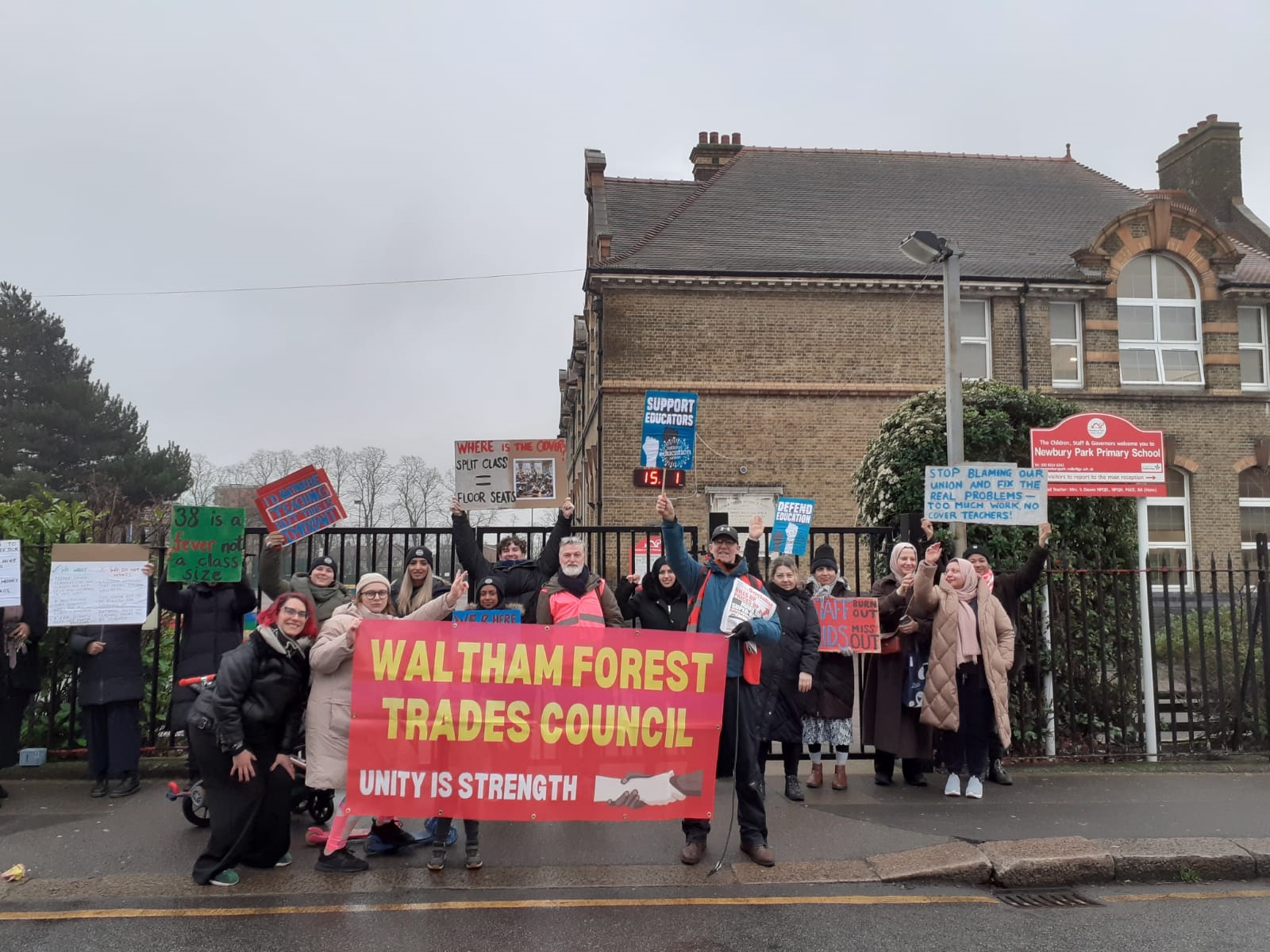 Newbury park school strike picket. Photo: Waltham Forest Socialist Party