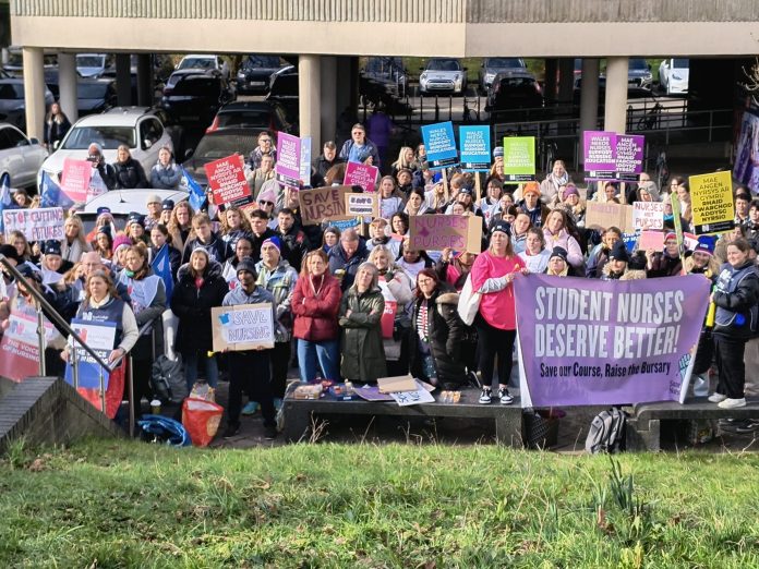 Students and workers protest against Cardiff uni job cuts. Photo: Cardiff Socialist Party