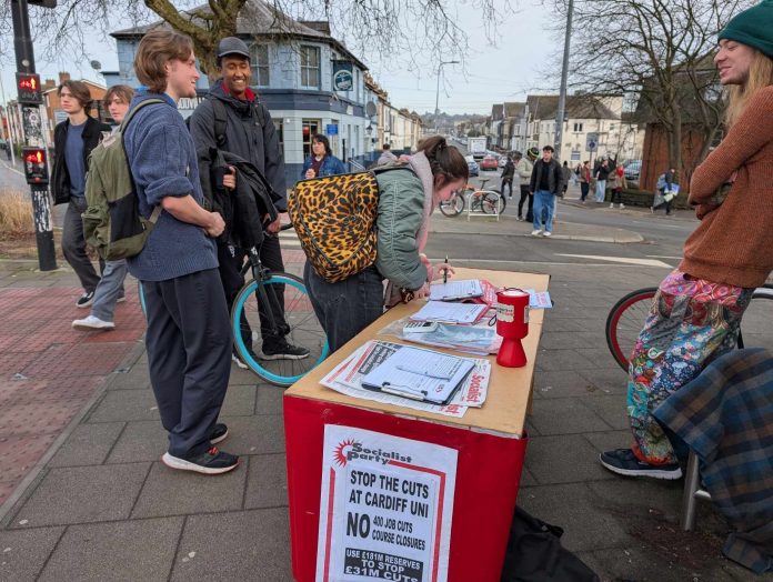 Cardiff Socialsit Party and Socialist Students campaigning against uni job cuts. Photo: Dave Reid