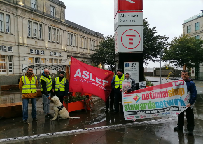 Swansea Aslef rail strike 2022 Swansea Socialist Party members supporting Aslef train drivers on strike
