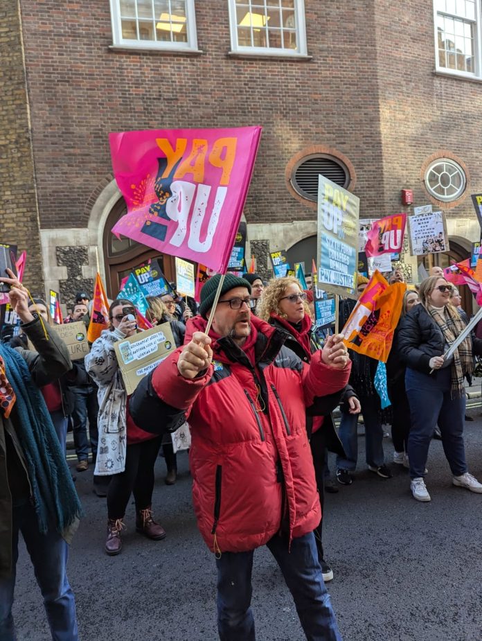 Striking teachers outside the Department of Education. Photo: James Ivens