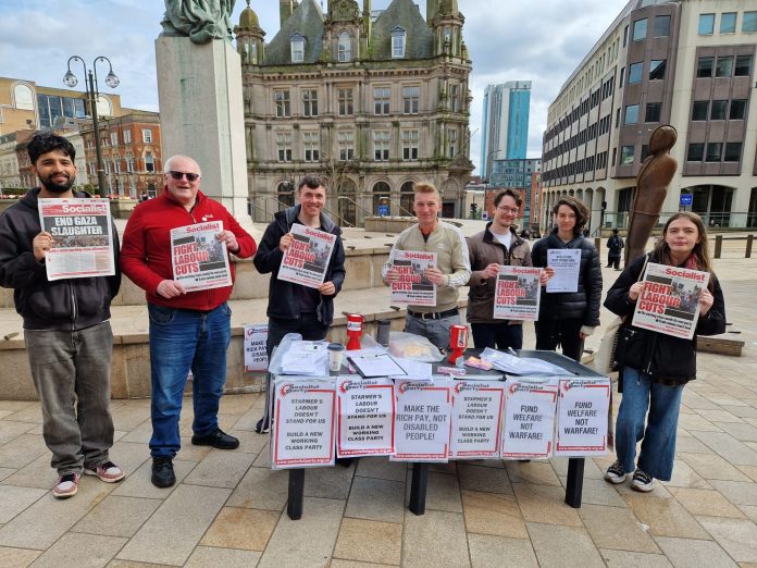 Birmingham Socialist Party members at the disability benefits cuts protest. Photo: Brum SP