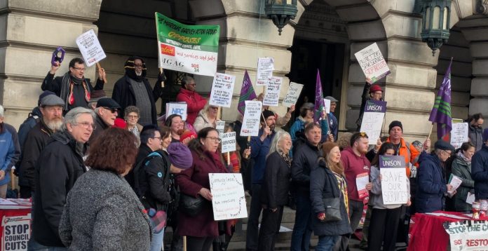 Protest outside Leicester council against the cuts. Photo: Leicester SP