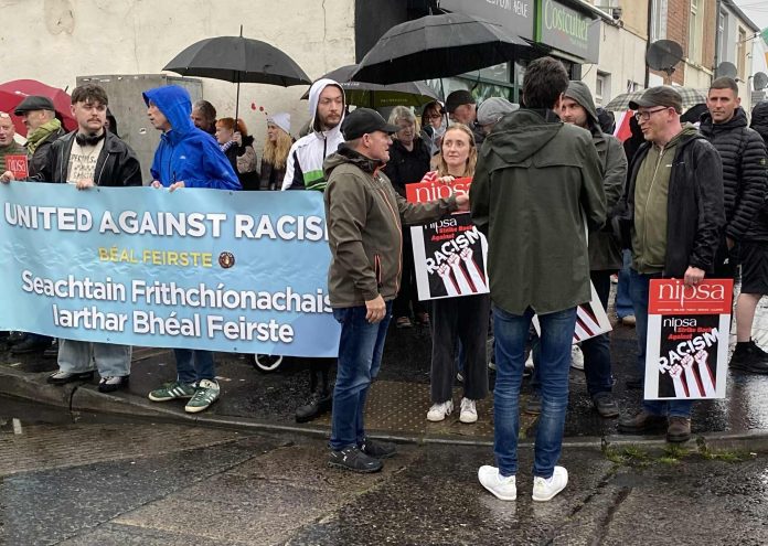 Militant Left Padraig Mulholland spoke at the anti-racist protest in Belfast on 14 June putting forward the case for trade union stewarding of demonstrations and protection of neighborhoods and the need for socialism. Photo Militant Left