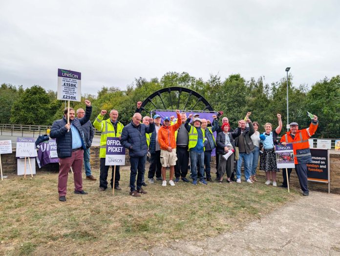 AE on mining museum picket Unison members at the National Mining Museum in Wakefield, on strike over pay. Andrea Egan supporting the pickets, fifth from right. Photo: Angela Egan for Unison general secretary on facebook
