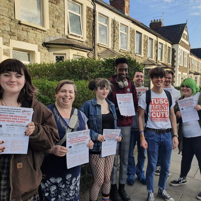 6fa0ed26-ffbe-4088-904b-6d597f325082 Socialist Party members campaigning in Cardiff, as part of the Trade Unionist and Socialist Coalition during a previous election