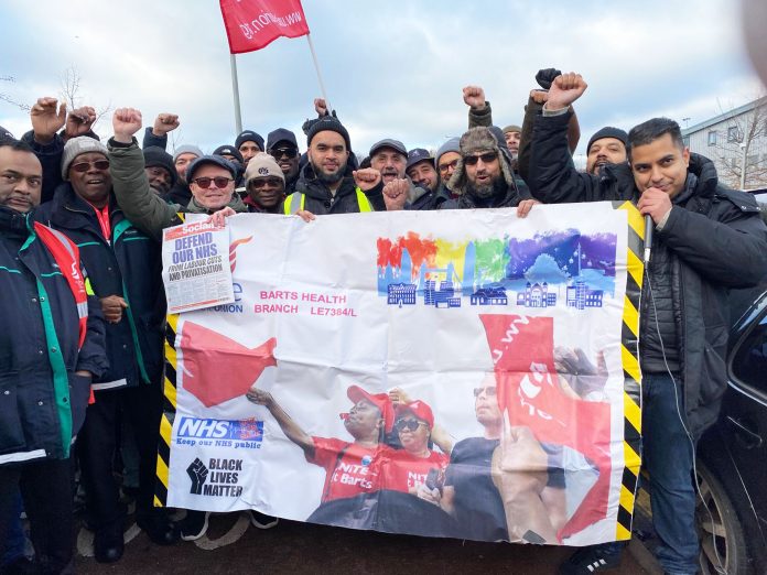 Barts visiting Jan 2026 In an example of the solidarity needed, members of Barts Health Trust Unite branch, including branch secretary Len Hockey visited the bus strikers Photo: London SP