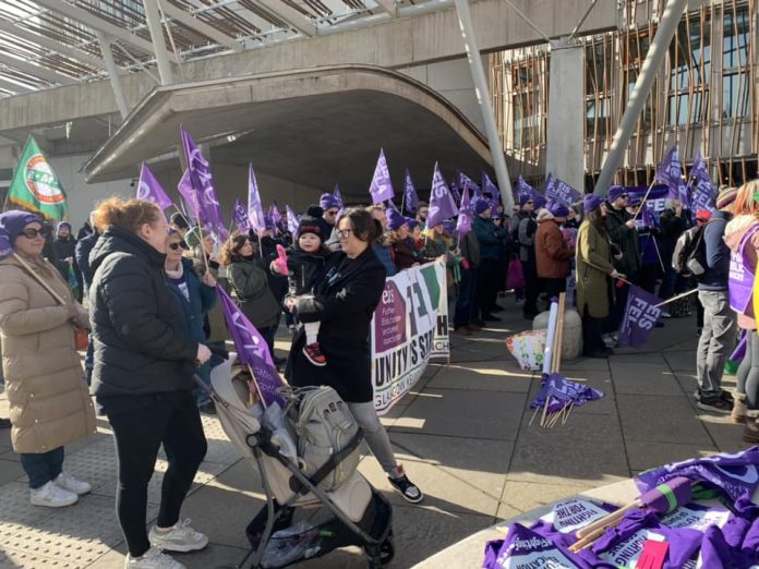 Trade union protest at Holyrood by EIS-FELA trade union Photo: Socialist Party Scotland