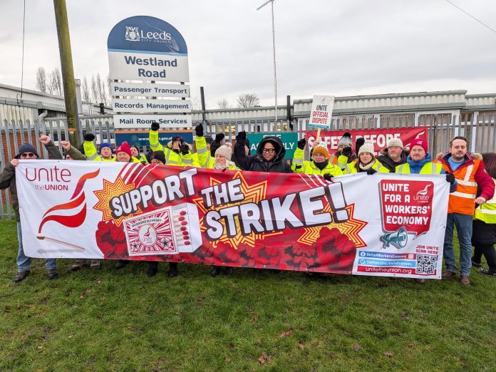 Leeds council transport Jan 2026 Leeds council transport workers in Unite strike Photo: Leeds Socialist Party