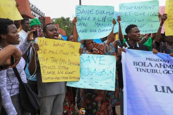2026-Makoko-demolition-protest-3-1024x682 Makoko residents at a previous demonstration outside the Laogs State House of Assembly Photo: DSM