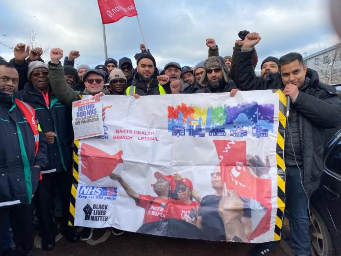 Barts health workers visit the Lea Interchange bus drivers picket line Photo: London SP