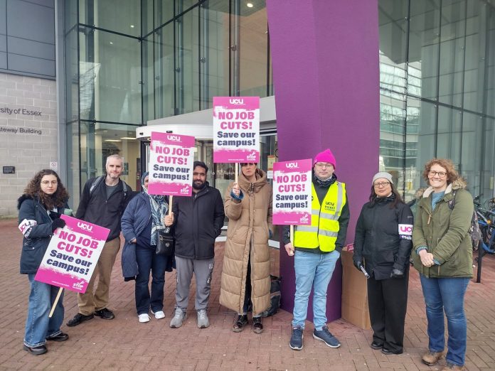 UCU members at Essex university are fighting 400 job cuts and the complete closure of the Southend campus - one of many battles over huge cuts at universities all round the country. Photo: Essex SP