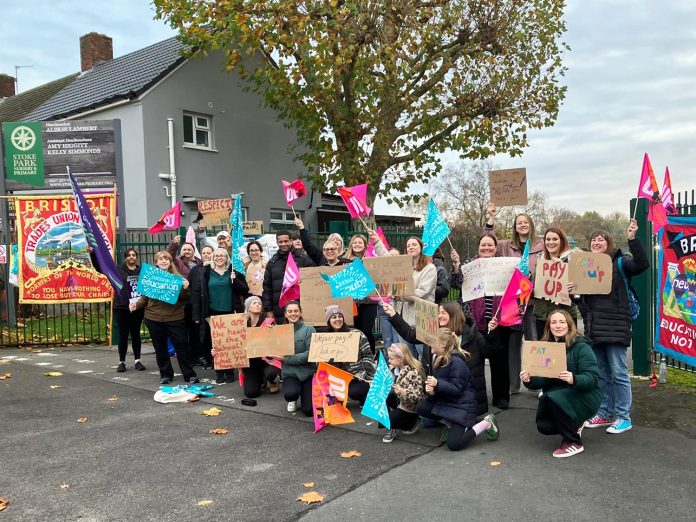 Sheila Caffrey (left) on one of the picket lines in the successful Bristol and North Somerset strike in 2025 over support staff pay Photo: Bristol SP