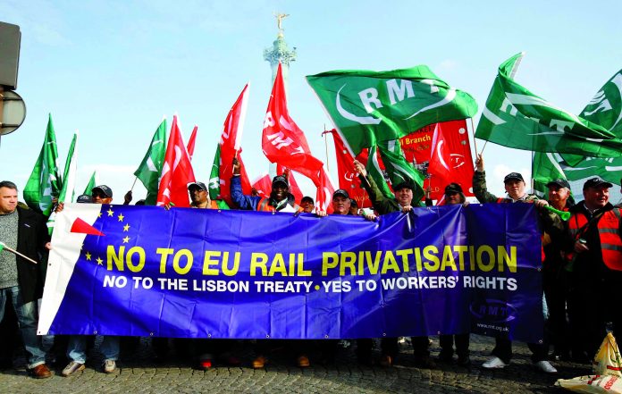 RMT and other European rail unions protest against EU rail privatisation in 2008 in Paris - photo: Andrew Wiard RMT and other European rail unions protest against EU rail privatisation in 2008 in Paris - photo: Andrew Wiard