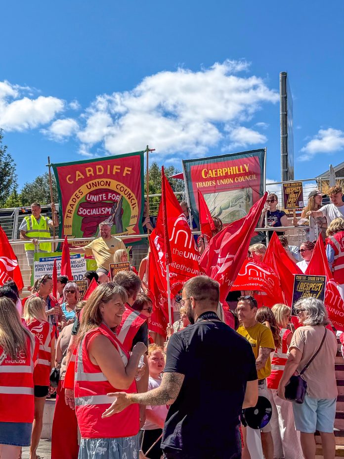 Cwm Taf strikers march and rally before the gig Photo: Mariam Kamish