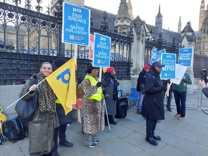 parliament budget day 1 Many groups in PCS have been force to fight over pay and cuts - here workers at parliament. The national ballot brings them all together Photo: London SP