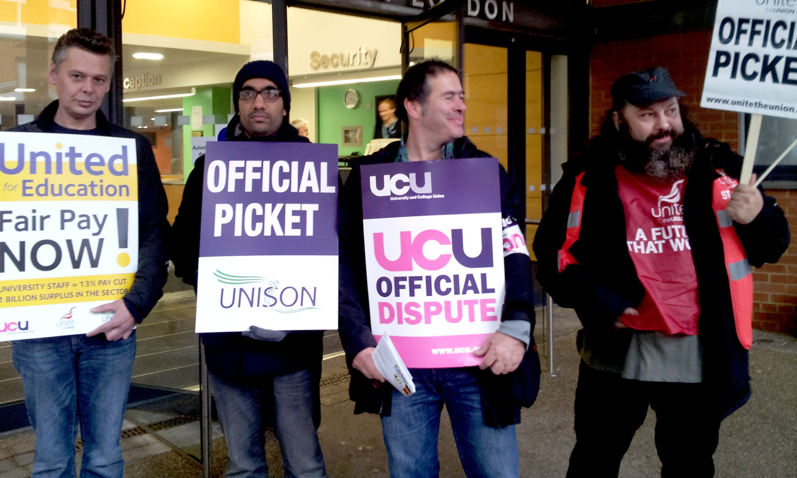 Joint strike action by university staff in the Unite, Unison and UCU unions was well supported at the University of East London 31 October 2013, credit: P Mason (uploaded 31/10/2013) Joint strike action by university staff in the Unite, Unison and UCU unions was well supported at the University of East London 31 October 2013, credit: P Mason (uploaded 31/10/2013)