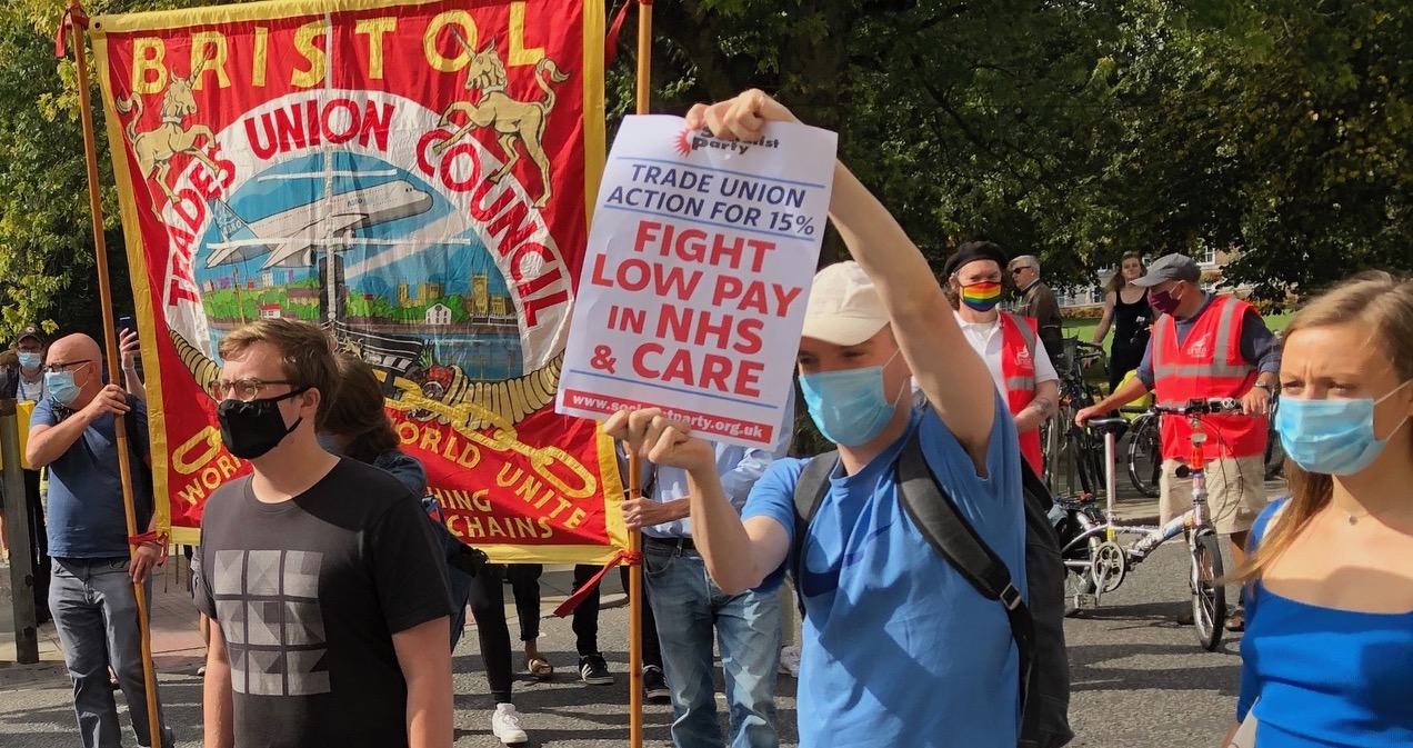 Saturday 12 September demo in Bristol in solidarity with NHS & care workers demanding increased pay, credit: Mike Luff (uploaded 13/09/2020)
