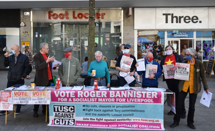Socialist Party stall in Liverpool - campaigning for TUSC election candidates, 24.4.21, credit: Mark Best (uploaded 27/04/2021)