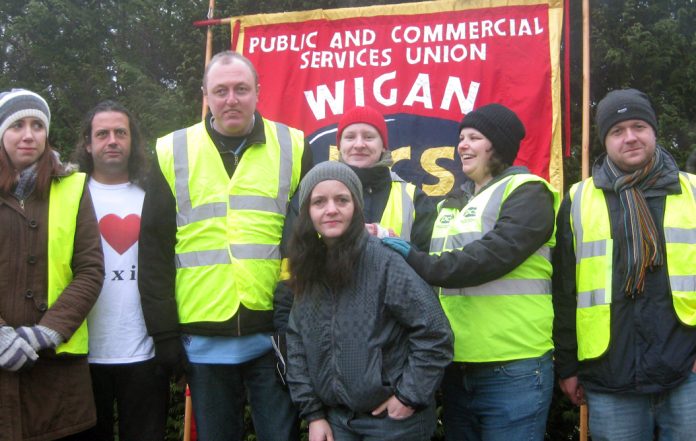 Department for Work and Pensions (DWP) civil servants in the PCS union take strike action at the Makerfield site near Wigan to provide a decent service to claimants, credit: Socialist Party North West