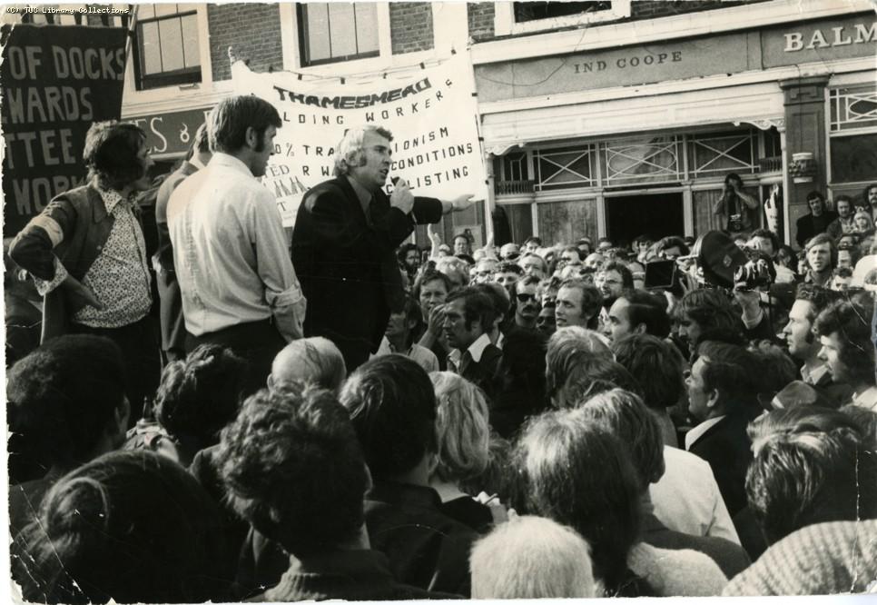 Dock worker Bernie Steer, one of the Pentonville Five, addresses the crowds on his release from prison, credit: TUC Library Collections (uploaded 25/07/2012)