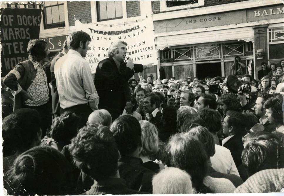Dock worker Bernie Steer, one of the Pentonville Five, addresses the crowds on his release from prison, credit: TUC Library Collections (uploaded 25/07/2012) Dock worker Bernie Steer, one of the Pentonville Five, addresses the crowds on his release from prison, credit: TUC Library Collections (uploaded 25/07/2012)